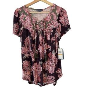 Democracy Women’s Short Flutter Sleeve Knit Top‎ | Size Small | Boho Print